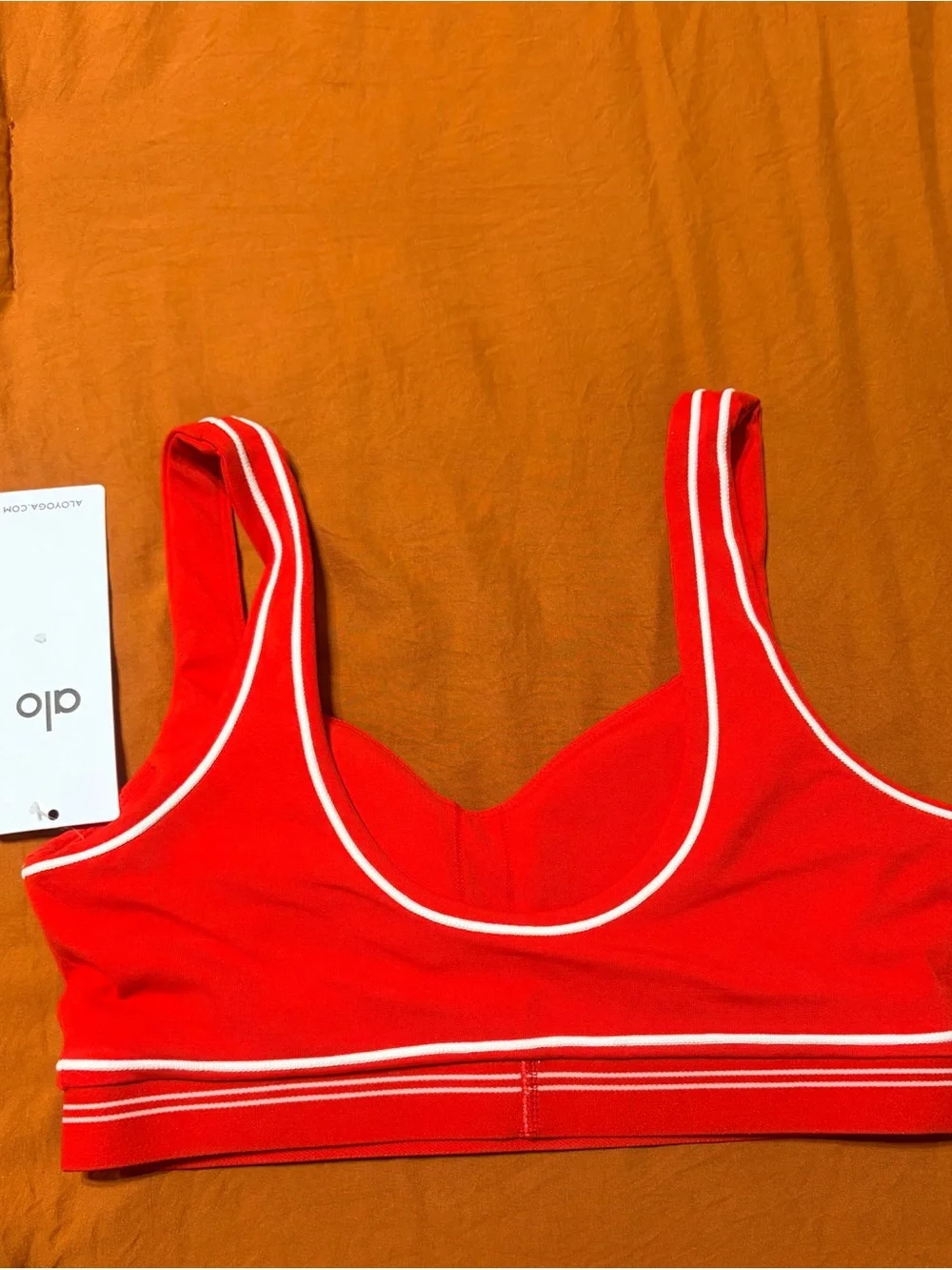 ALO Yoga Red Heartthrob Sports Bralette with White Piping—NWT(S)